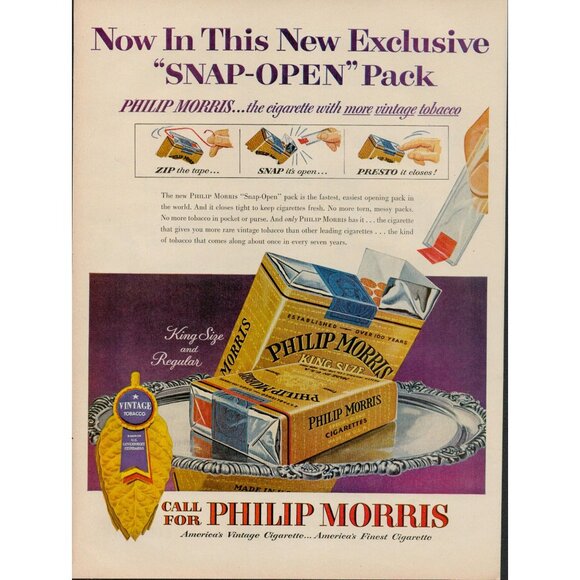 Philip Morris Other - 1954 Philip Morris Cigarettes Vintage Print Ad, "Snap-Open" Pack (L5)